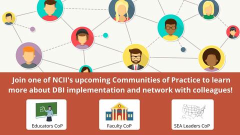 Cartoon people connected and text saying Join one of NCII's upcoming communities of practice to learn more about DBI implementation and network with colleagues