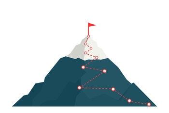 snow covered mountain with a flag on top. Trail with circles representing points climbing up the mountain